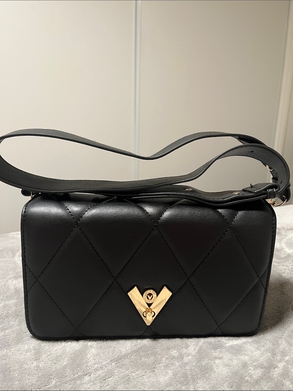 Valentino Orlandi Black Quilted Shoulder Bag with Gold V Accent